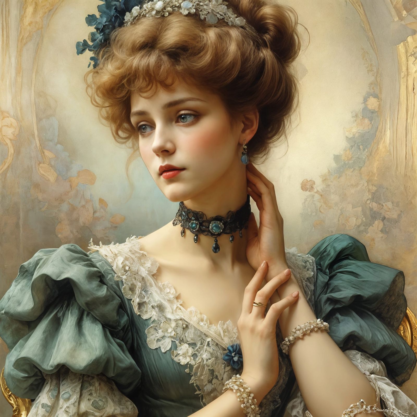 Lady in Elegant Art Nouveau Dress, Captured in Belle Epoque...