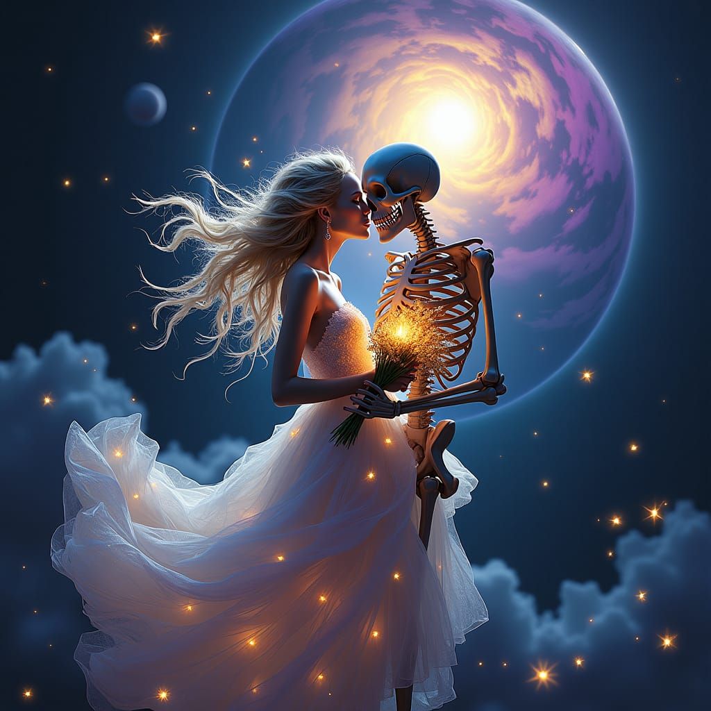 Ethereal Goddess Embraces Grim Reaper in Cosmic Dance