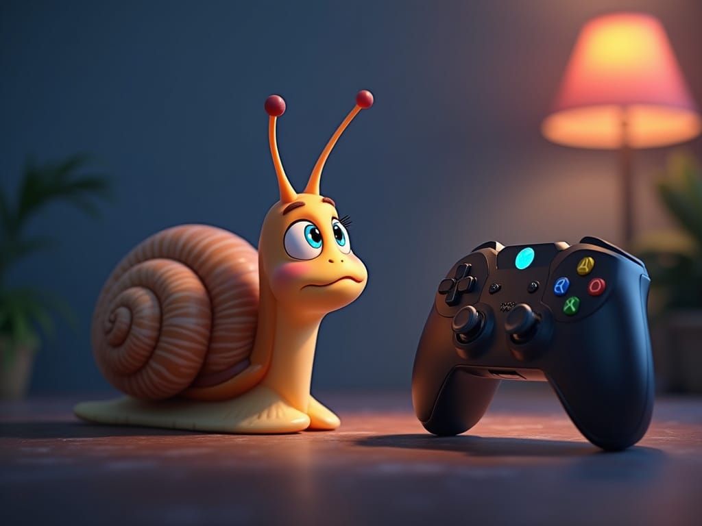 Cartoon Snail Intrigued by Video Game Controller