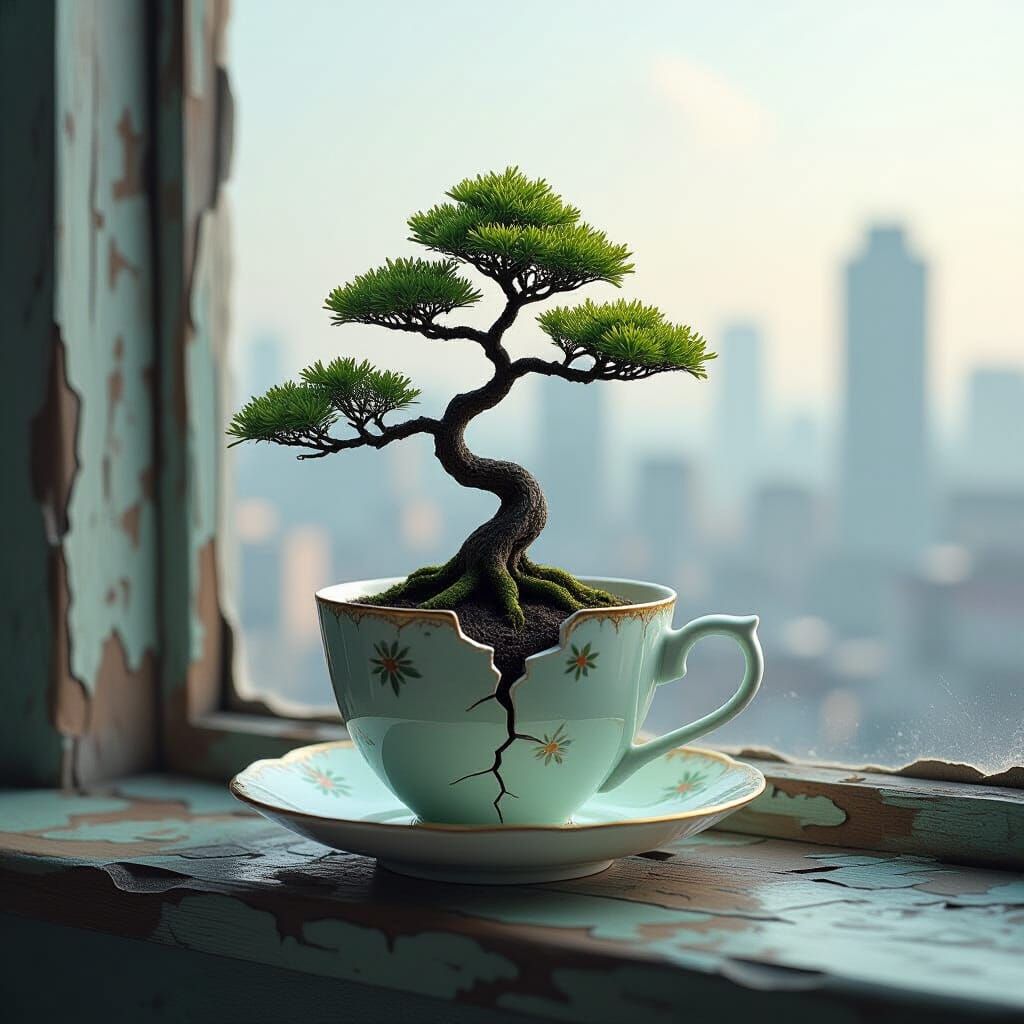 Bonsai Teacup in Dystopian Cityscape