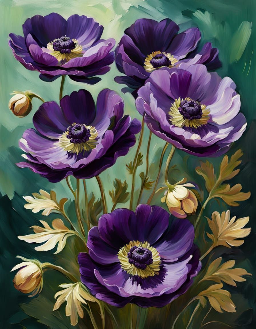 Dark Violet Anemones in Impressionist Oil Style