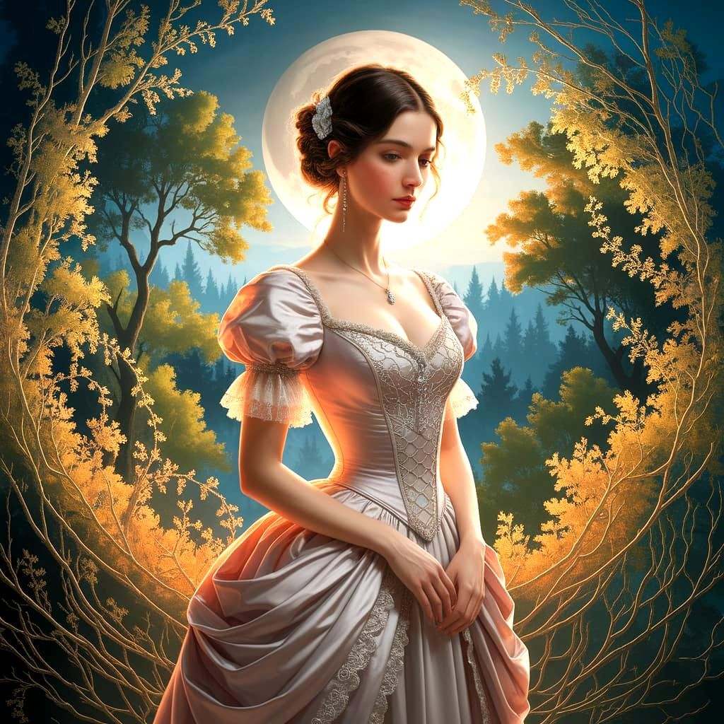 Victorian Beauty in Moonlit Forest, Luminist Style