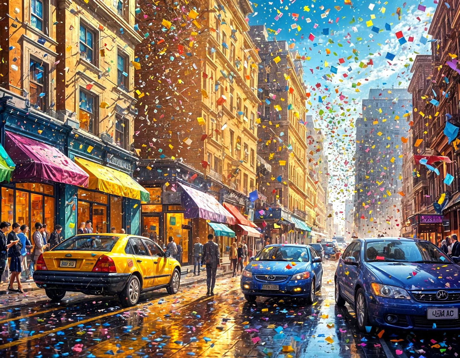 Confetti Rain on a Busy City Street