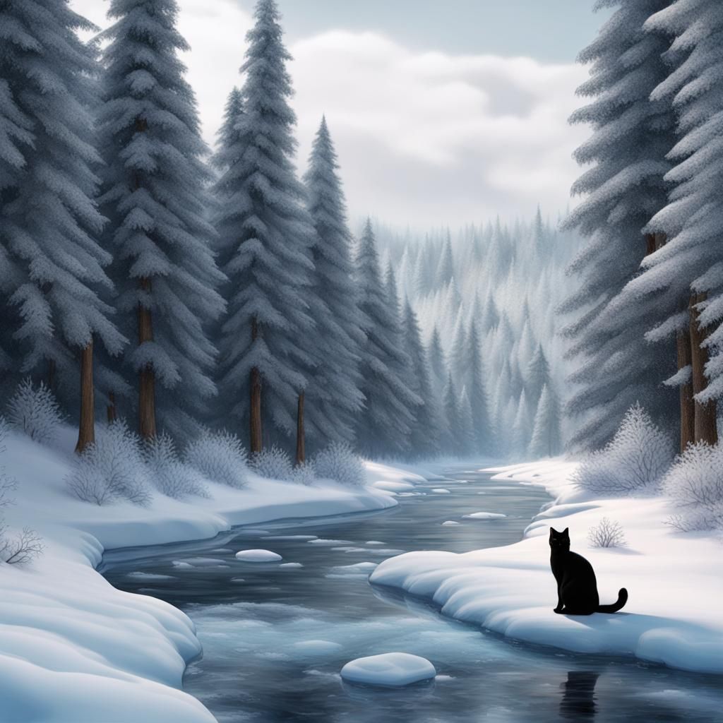Black Cat in Icy Winter Forest Scene