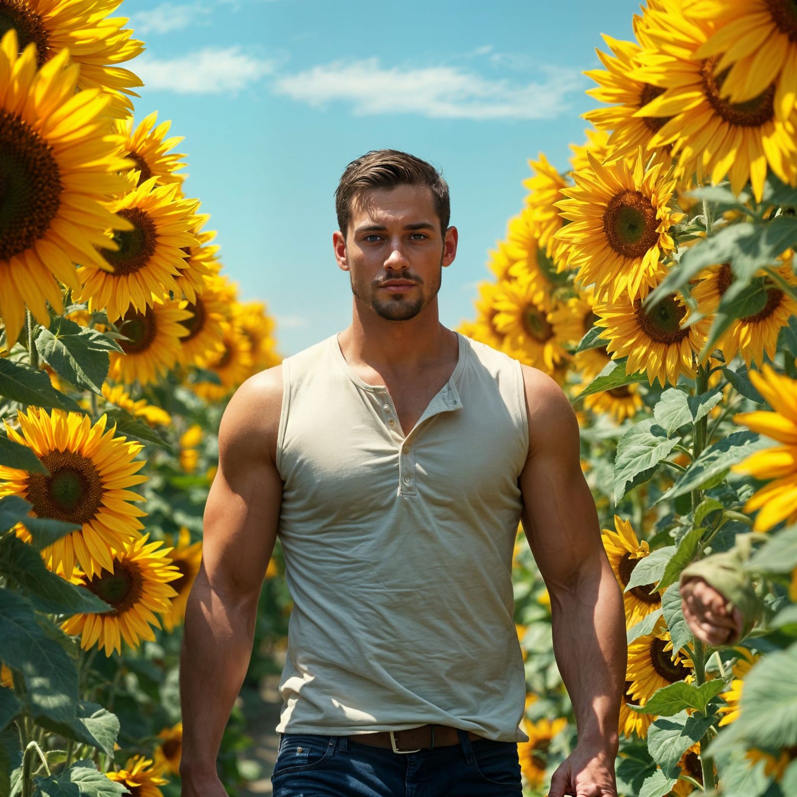 Man Walks Through Endless Sunflower Field