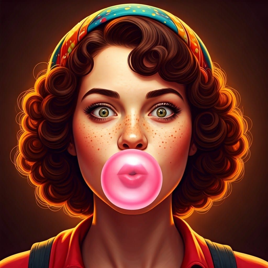 Playful 1950s Girl Gazing at a Translucent Pink Bubble