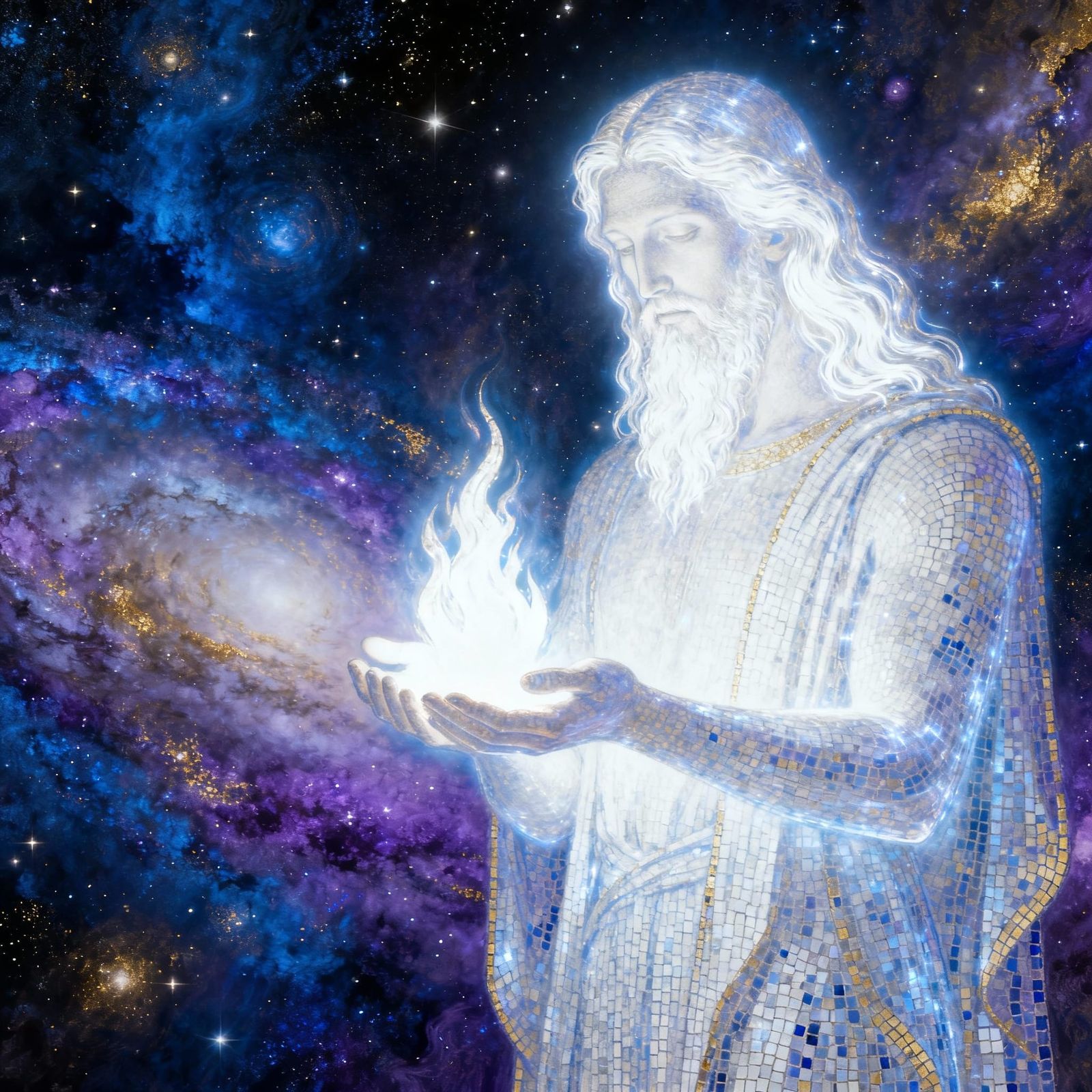 Divine Light Figure in Cosmic Mosaic Style