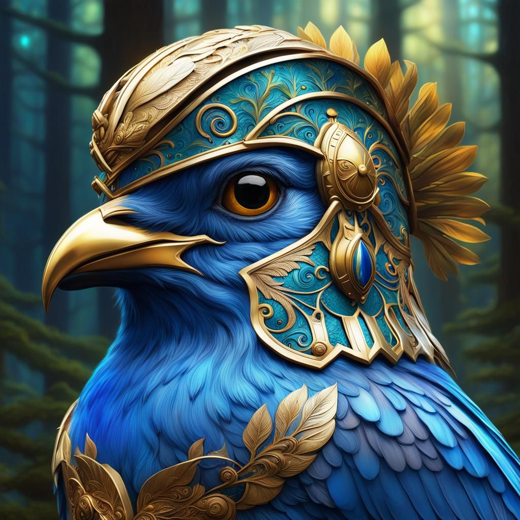 Bluebird Warrior in Magical Forest: Hyperrealistic Digital A...