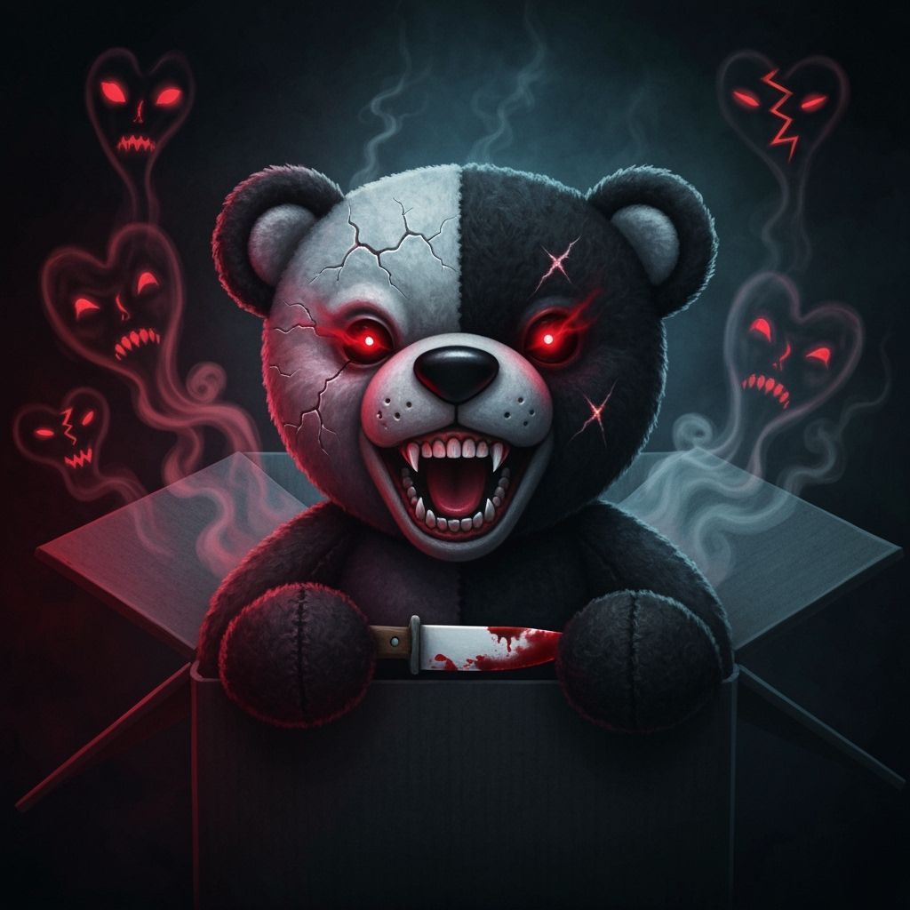 a dark evil stuffed teddy Bear emerging from stormy box ...