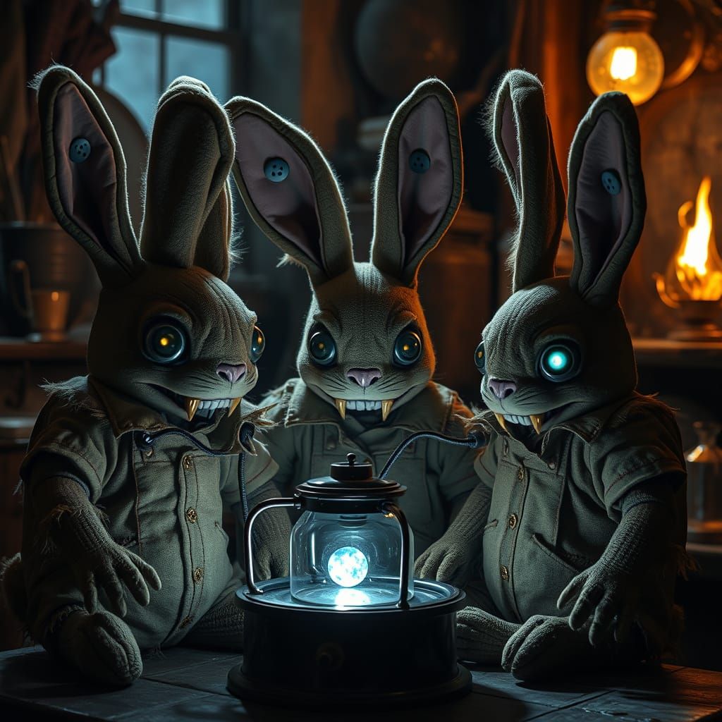 Tattered Plush Bunnies with Metallic Teeth in Ethereal Works...