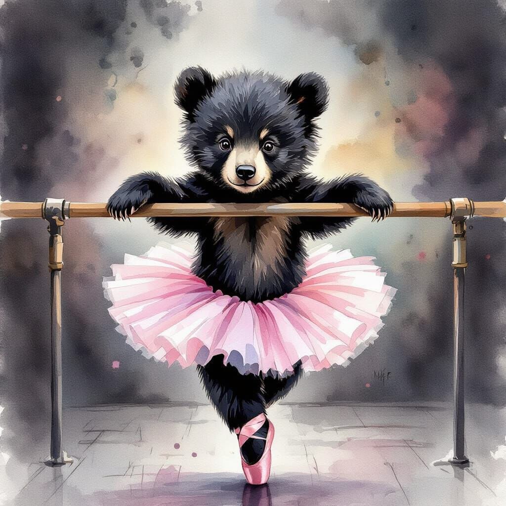 Bear Cub Ballet Dancer in Pink Tutu as Alcohol Ink Painting