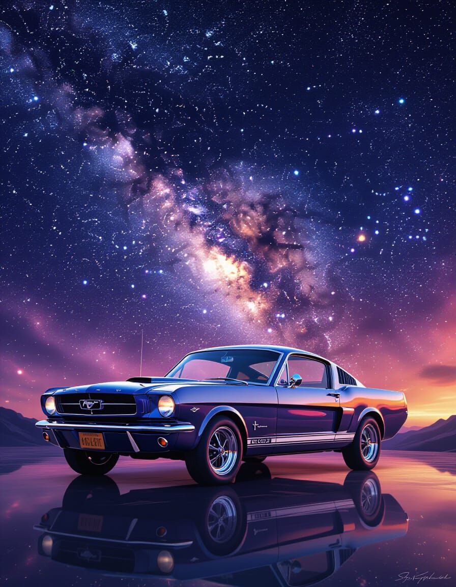 1965 Mustang in Cosmic Nebula, Hyperrealistic Style