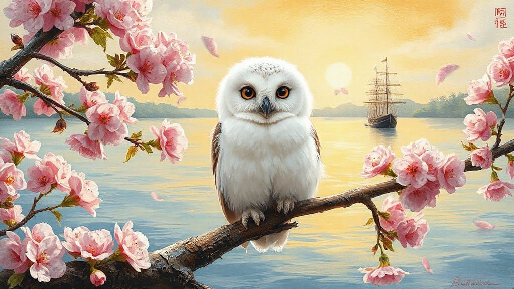 Impasto Landscape with Adorable Baby Owl and Cherry Blossom