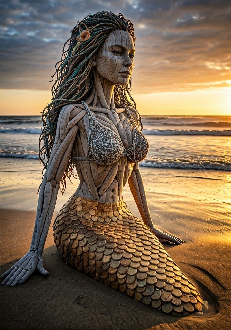 Ethereal Driftwood Mermaid Emerge from Beach Landscape