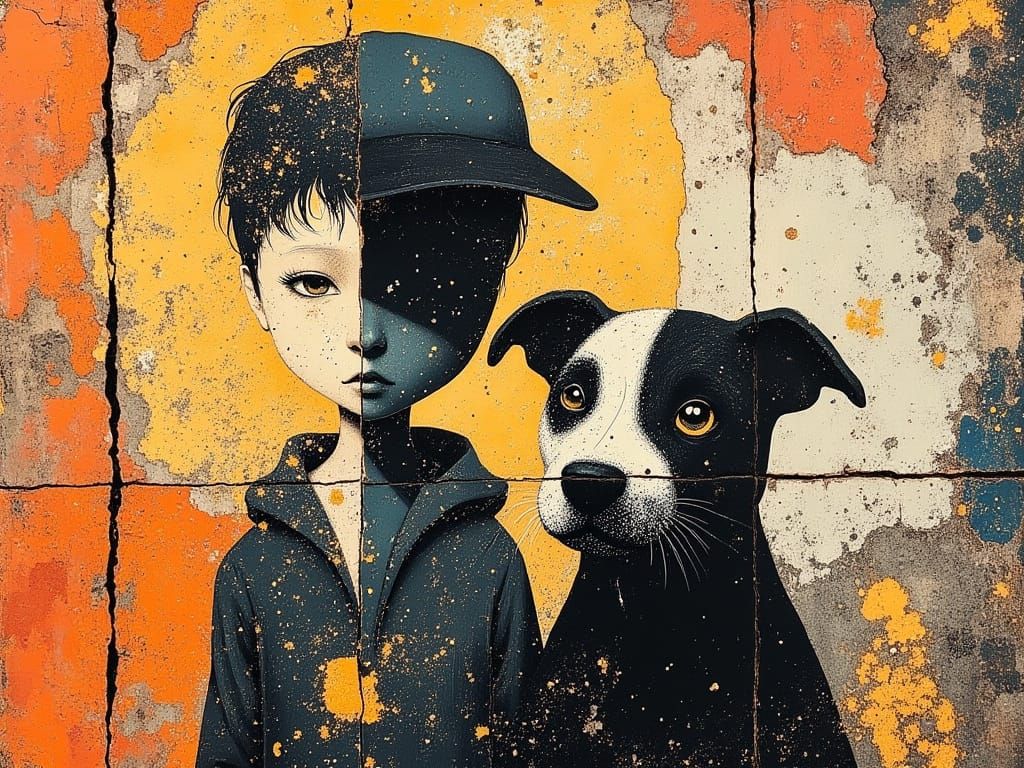 Rebellious Teenager and Pitbull as Street Art Masterpiece