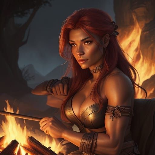 Barbarian Woman by Campfire in Fantasy Art Style