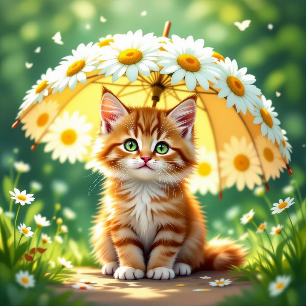 Fluffy Kitten Under Fantastical Daisy Umbrella