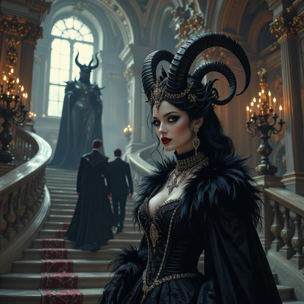 Goat-Headed Woman in Baroque Castle Hall