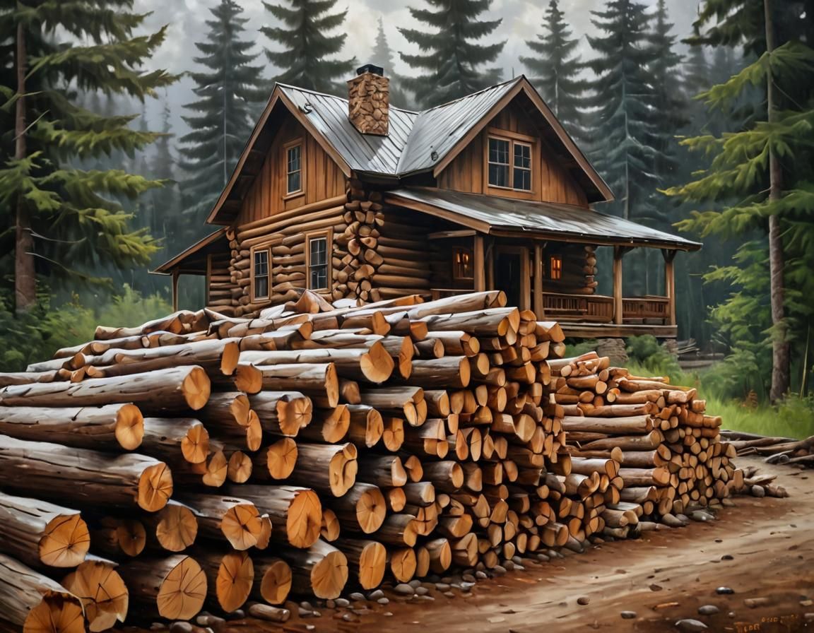 Woodpile and Cabin Oil Painting