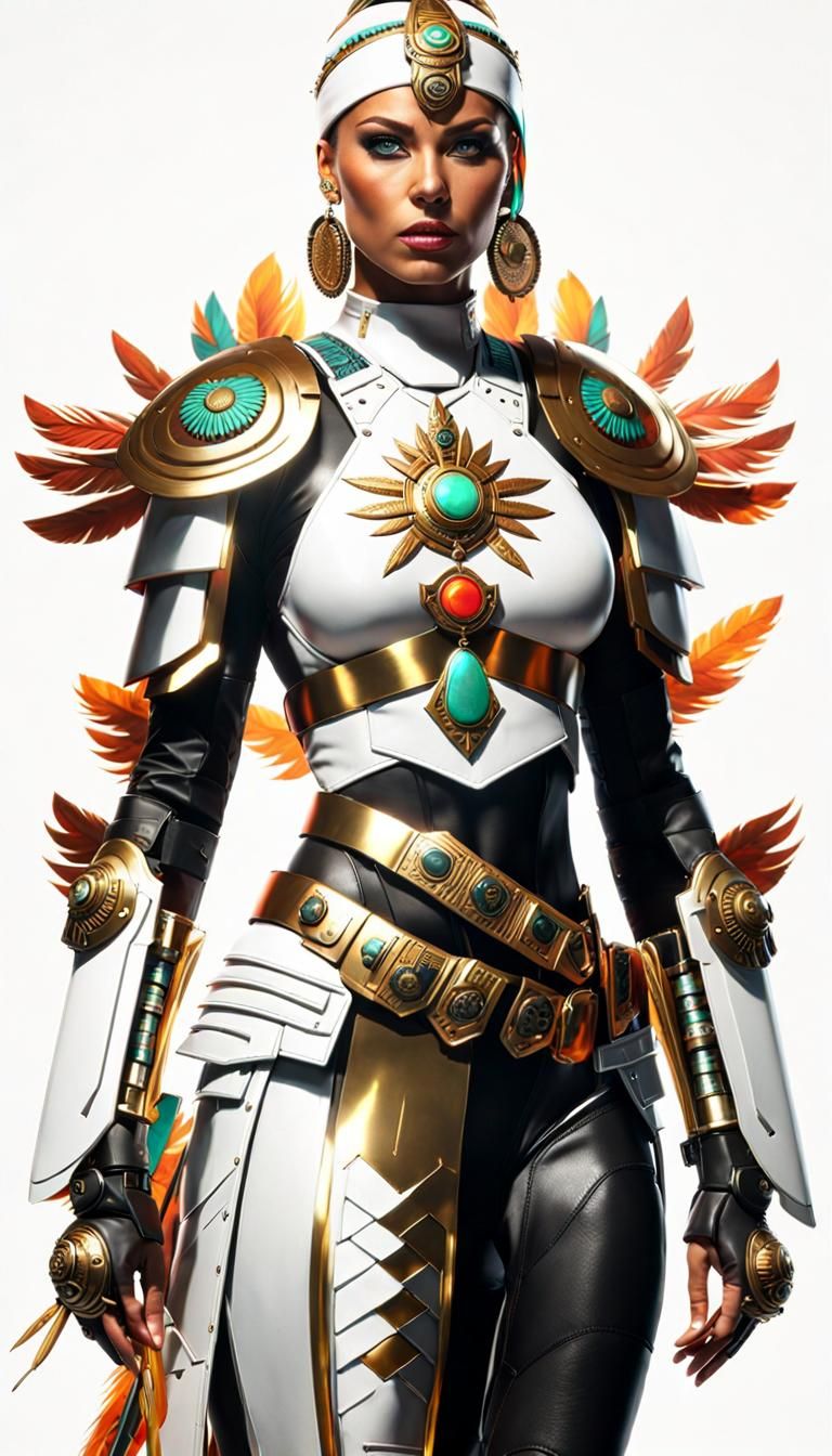 Aztec Warrior Woman with Flaming Sword in Cyberpunk Style
