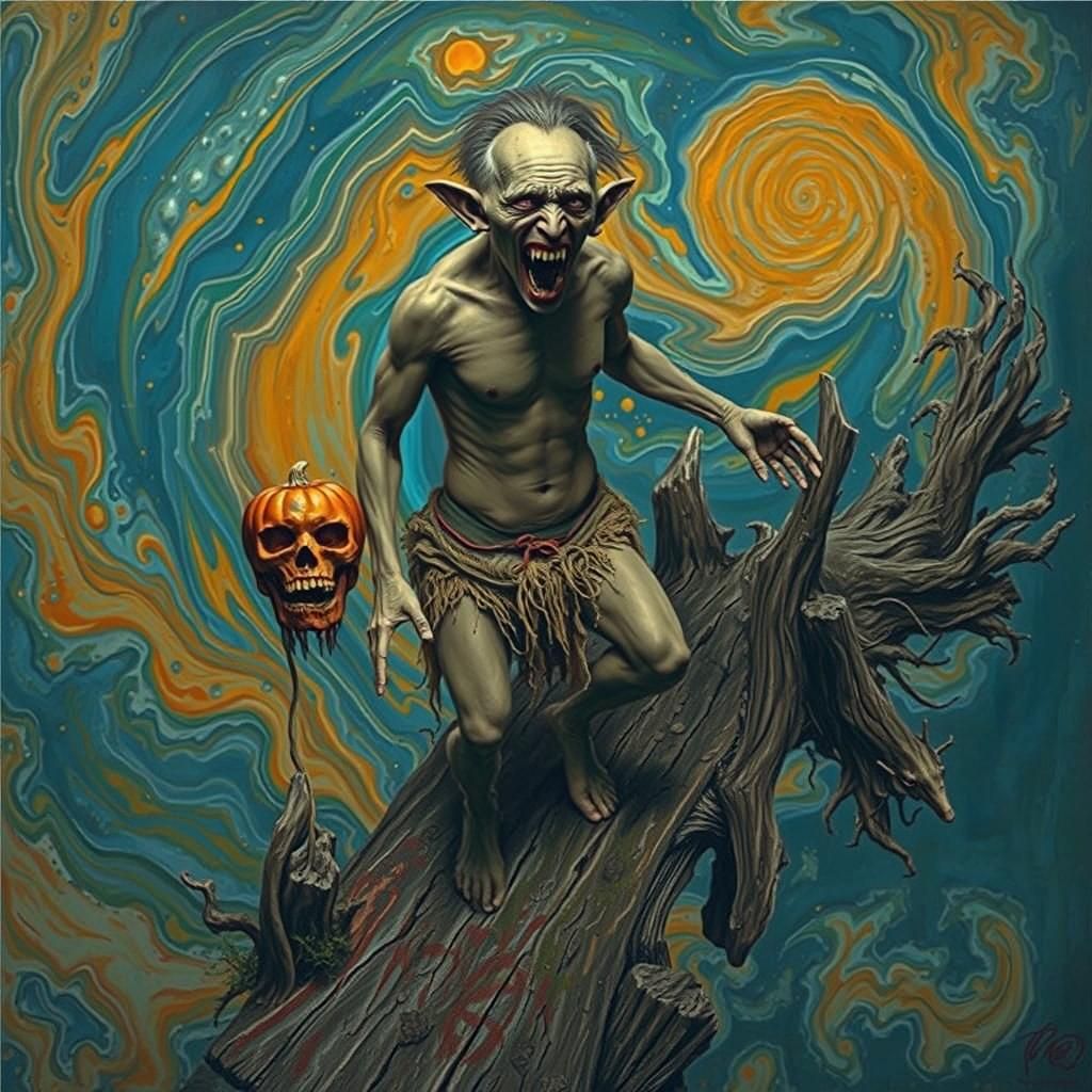 Anguished Shaman Beside Pumpkin Head, Surrealist Style