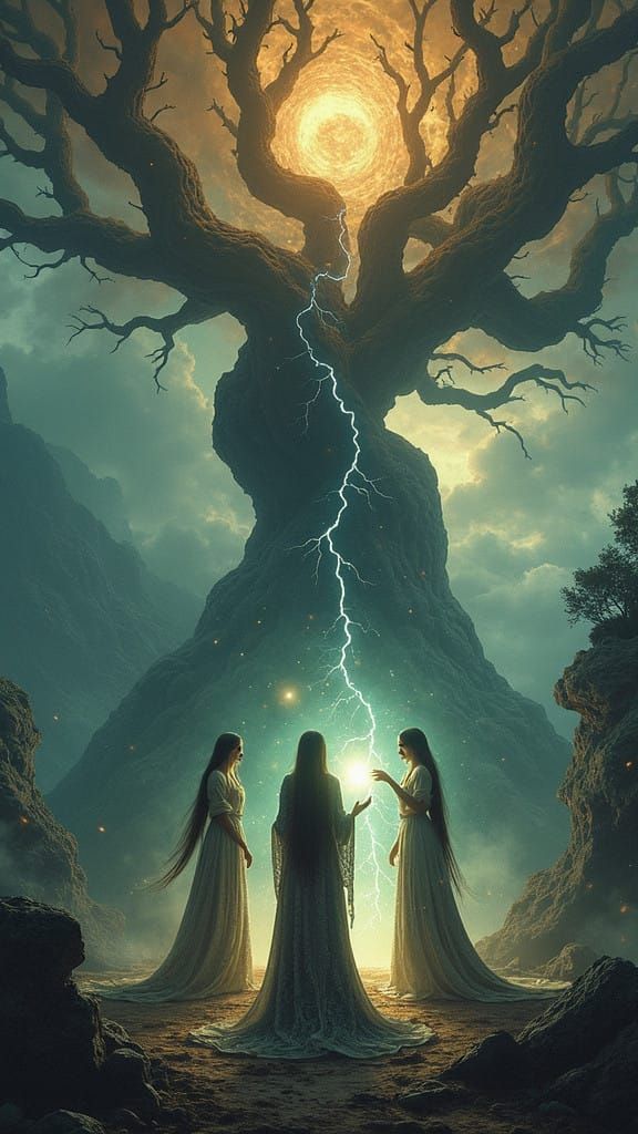 Norse Norns Gather Around the Well of Urdr at Yggdrasil