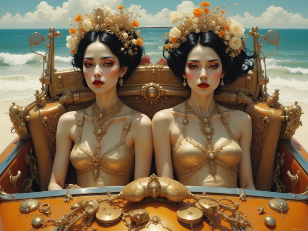 Elegant Women Drive Vintage Car to Seaside