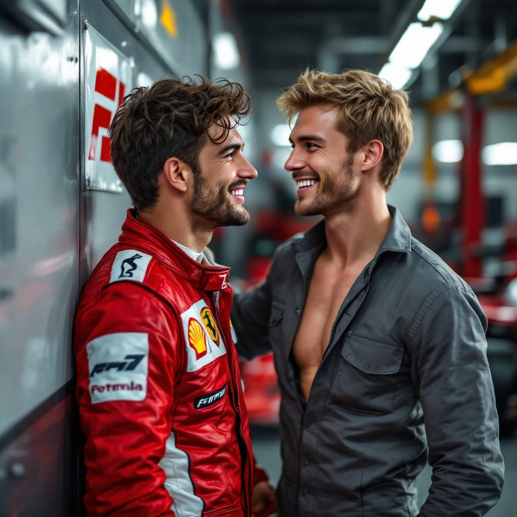 Formula One Driver Flirts with Mechanic in Auto Shop