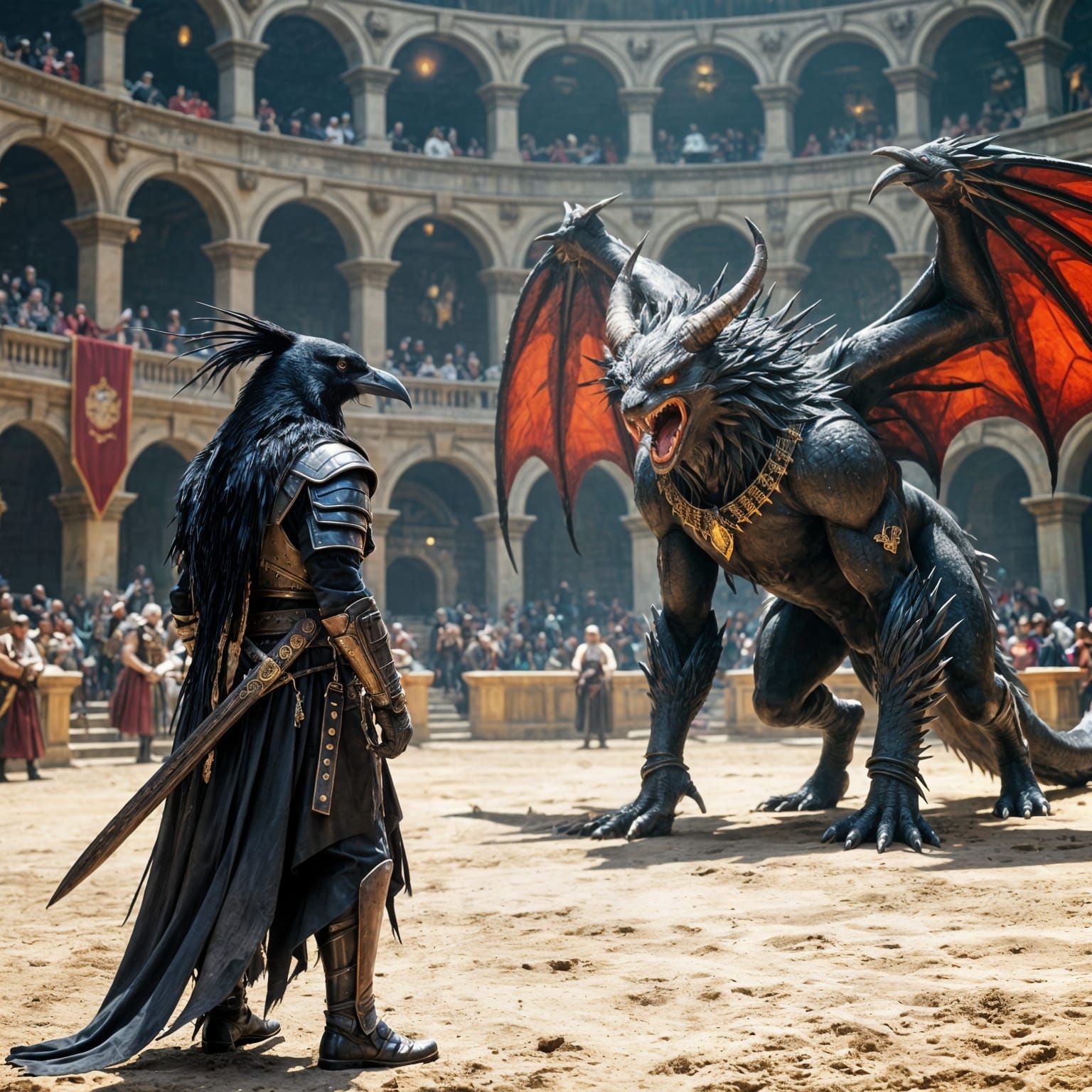Kenku Warrior Faces Manticore in Fantasy Arena