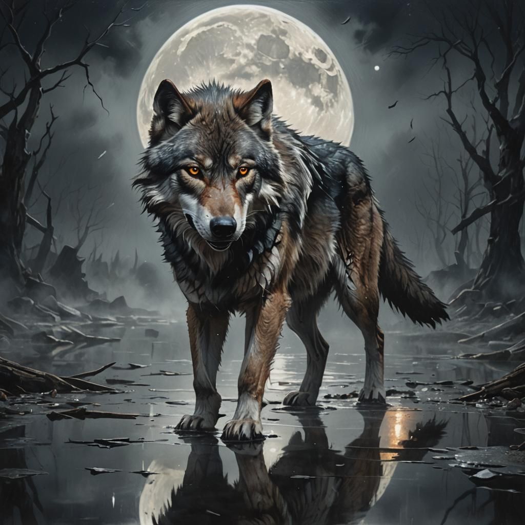 Wolf, Moon, and Broken Mirror in Dark Fantasy Style