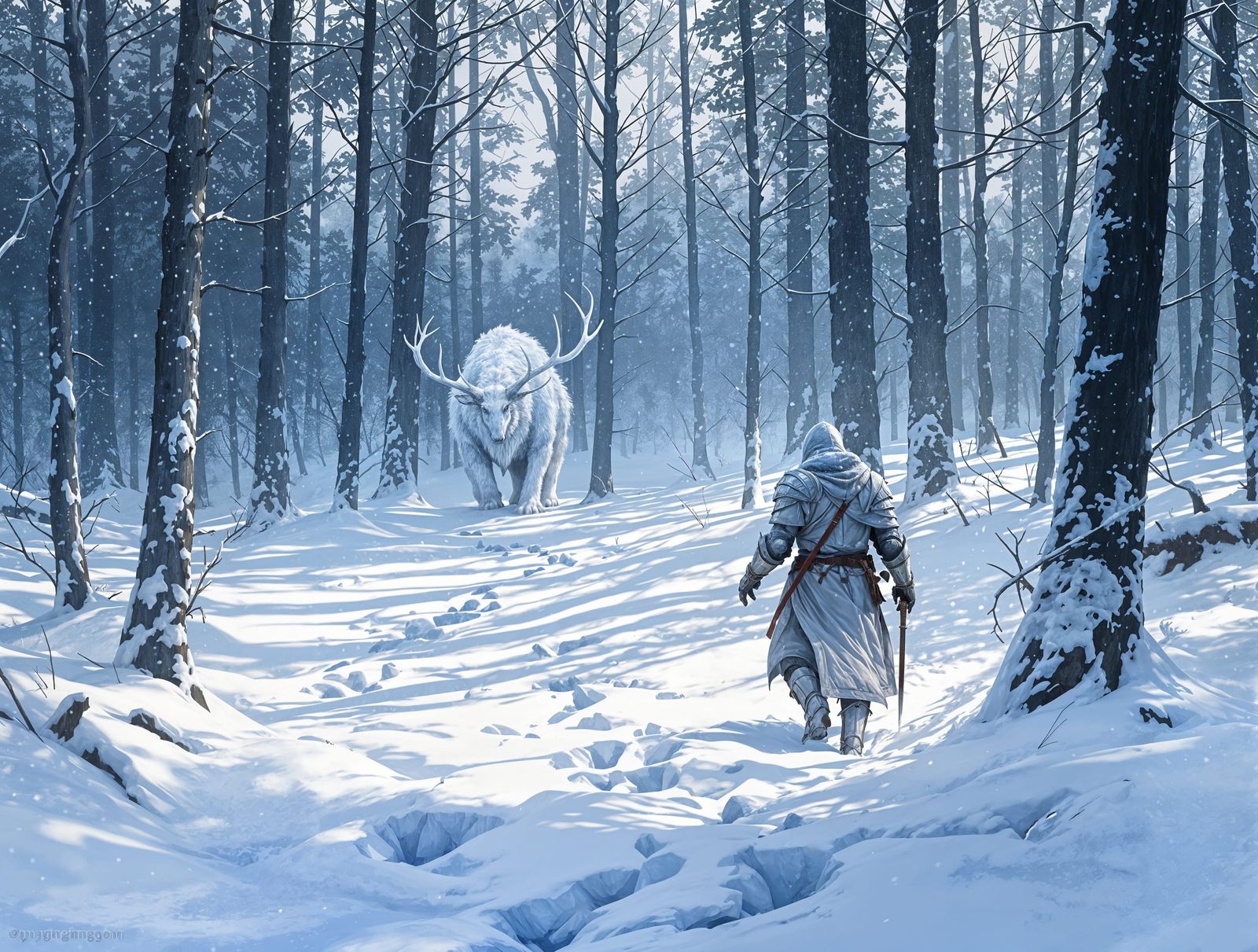 Frosty Knight Tracks Winter Beast in Snowy Forest
