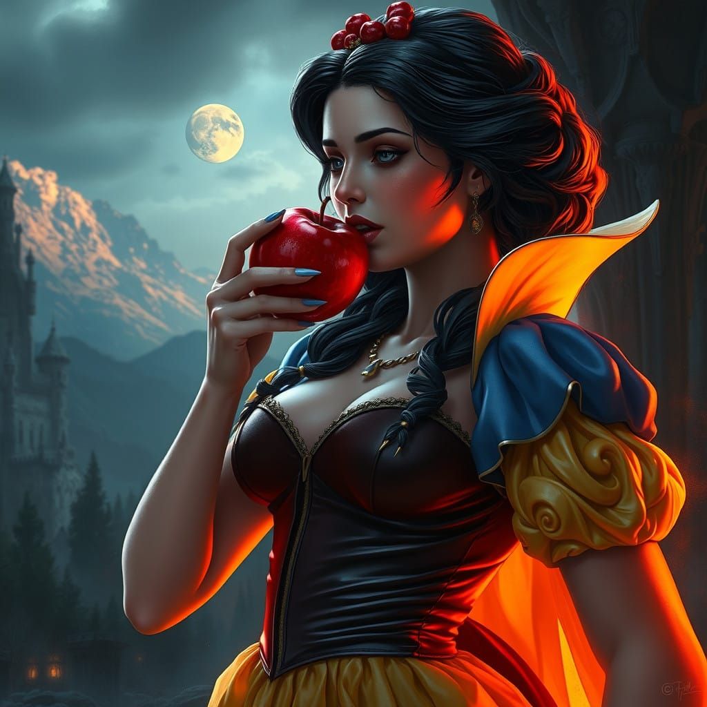 Regal Snow White Devours a Vibrant Crimson Apple in a Fantas...