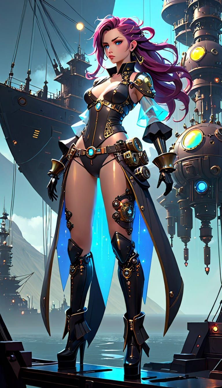 Ethereal Fembot Pirate Captain in Cyberpunk Aesthetic