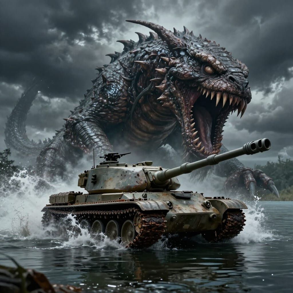 Giant Monster Attacks Tank in Stormy Lake