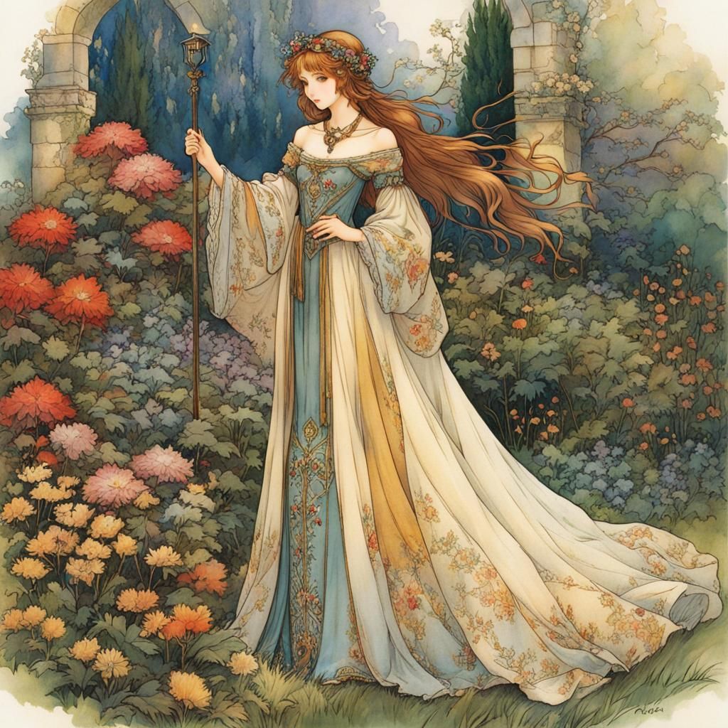 Medieval Maiden in Fairytale Garden, Anime Style