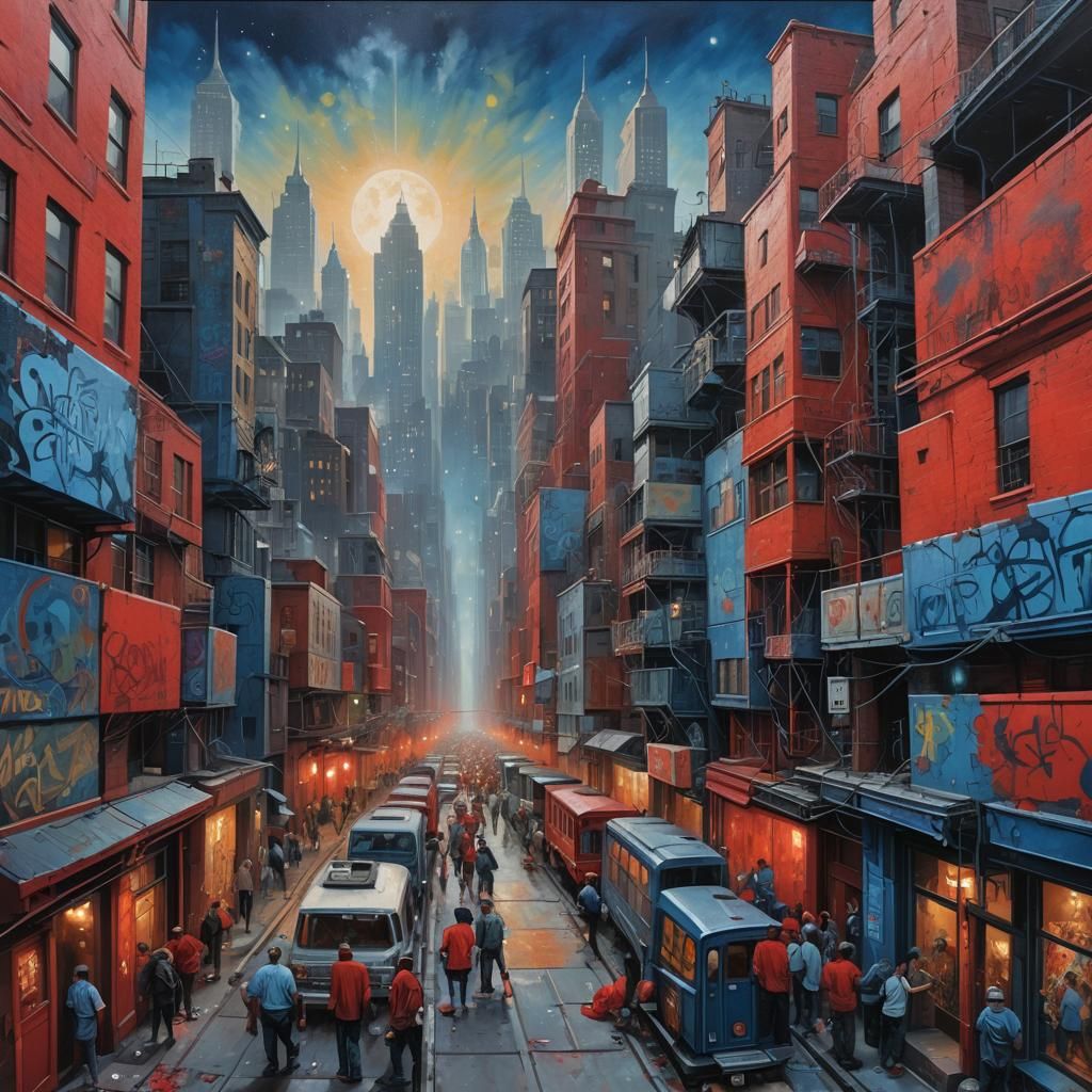 Ethereal Graffiti: City Mural in Vibrant Red and Blue