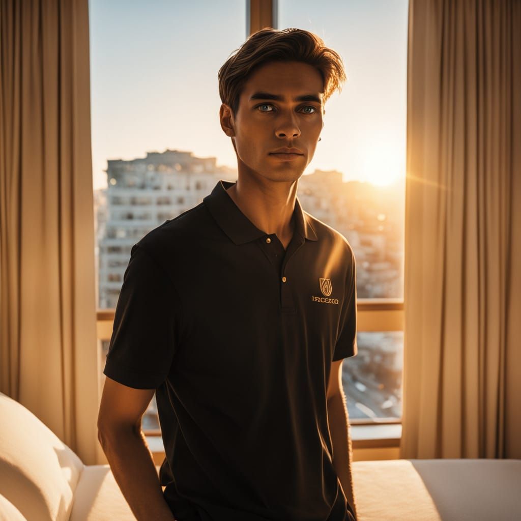 Ethereal Teenage Boy in Warmly Lit Hotel Room