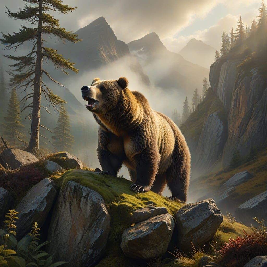 Majestic Grizzly Roars in Highland Valley Oil Painting