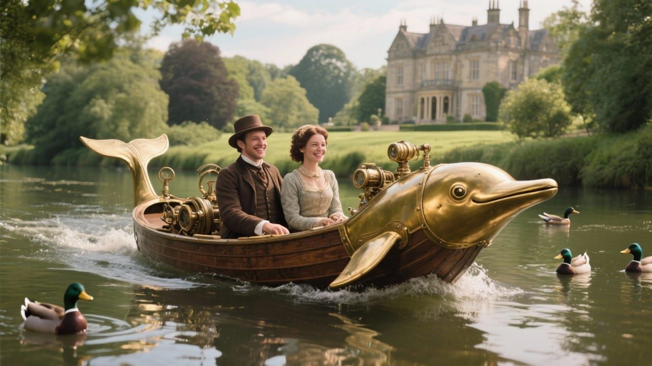 Steampunk Dolphin Boat on English River with Victorian Coupl...