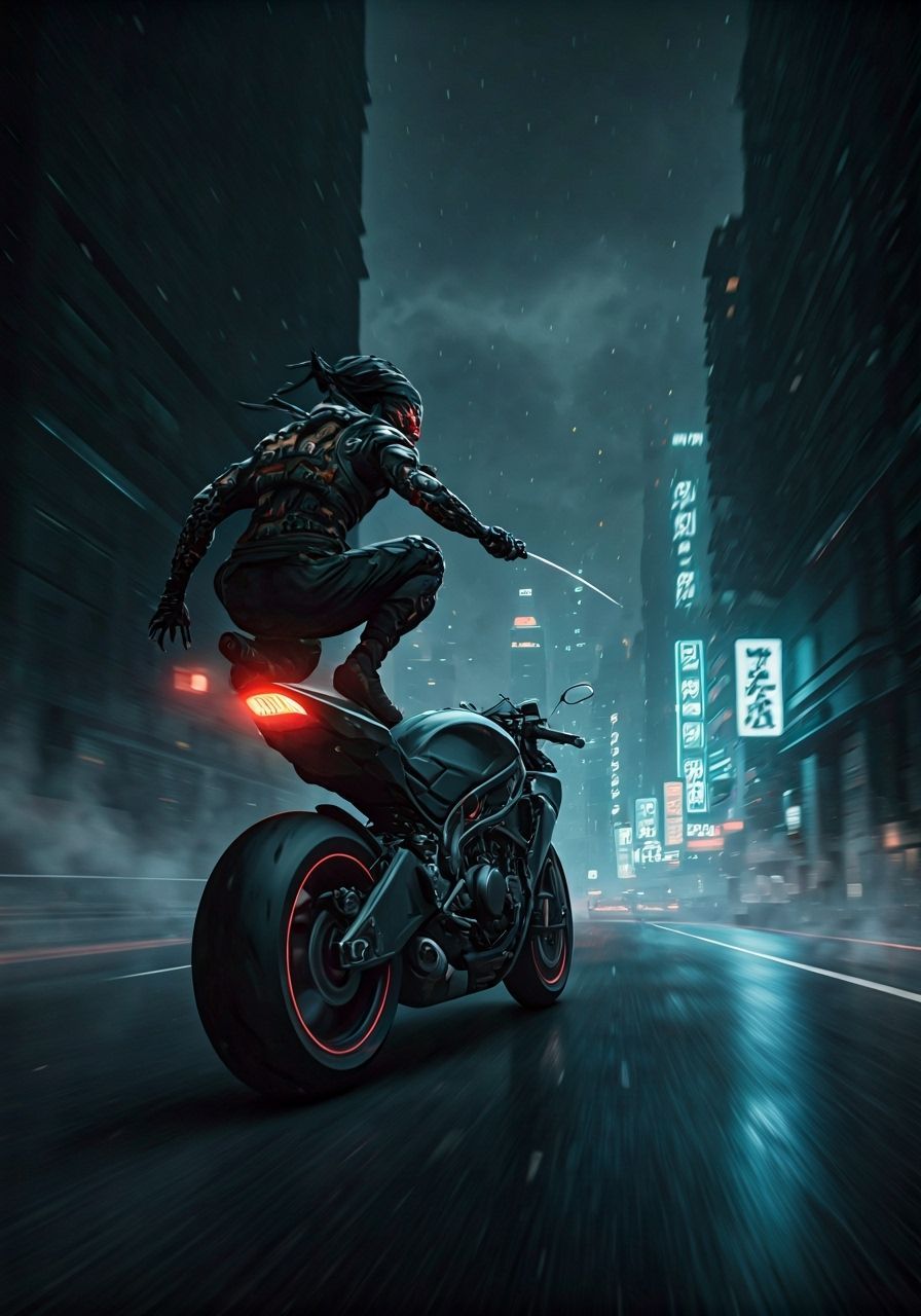 Cyborg Ninja Leap on Neon Highway in Sumi-e Style