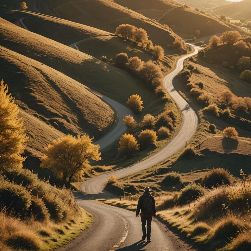 Autumnal Country Road Scene in Golden Light