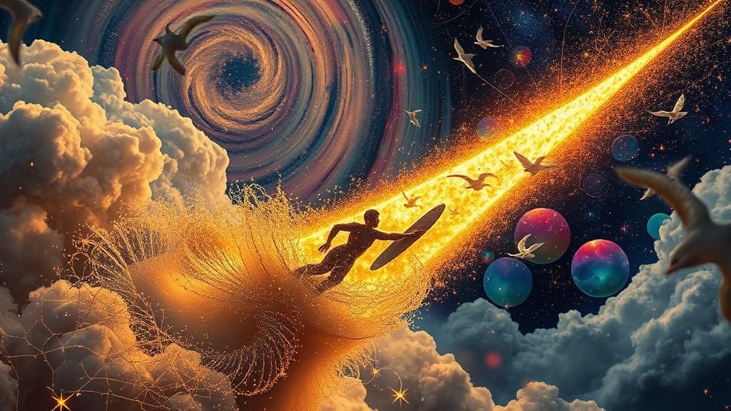 Cosmic Surfer Riding Comet Tail in Surreal Dreamscape