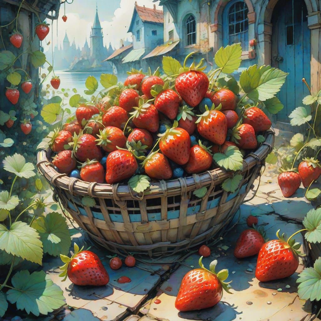 Basket of Strawberries Close Up in Vibrant Watercolor Style