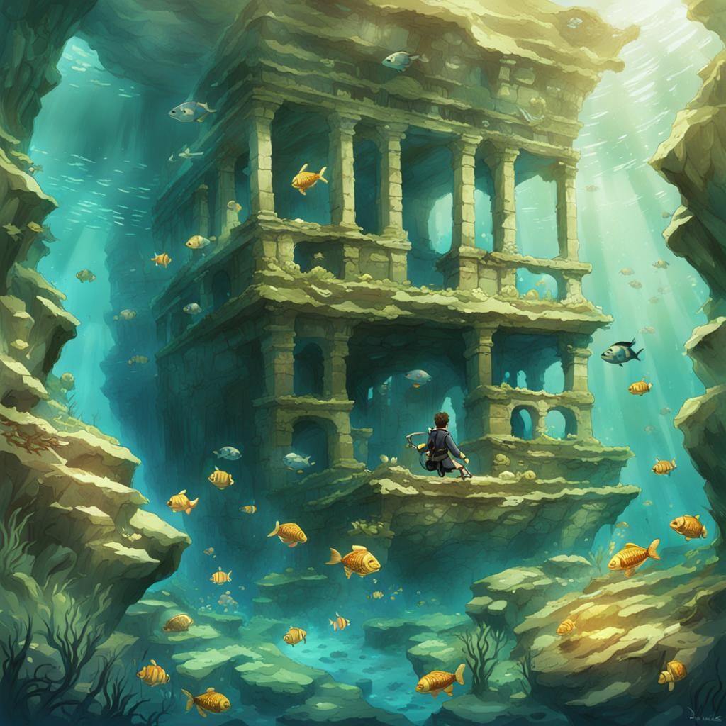 Anime Scuba Boy Exploring Underwater Ruins