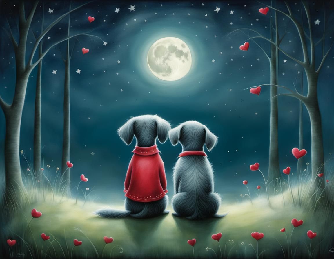 Dogs in Love Under Moonlight: Whimsical Illustration