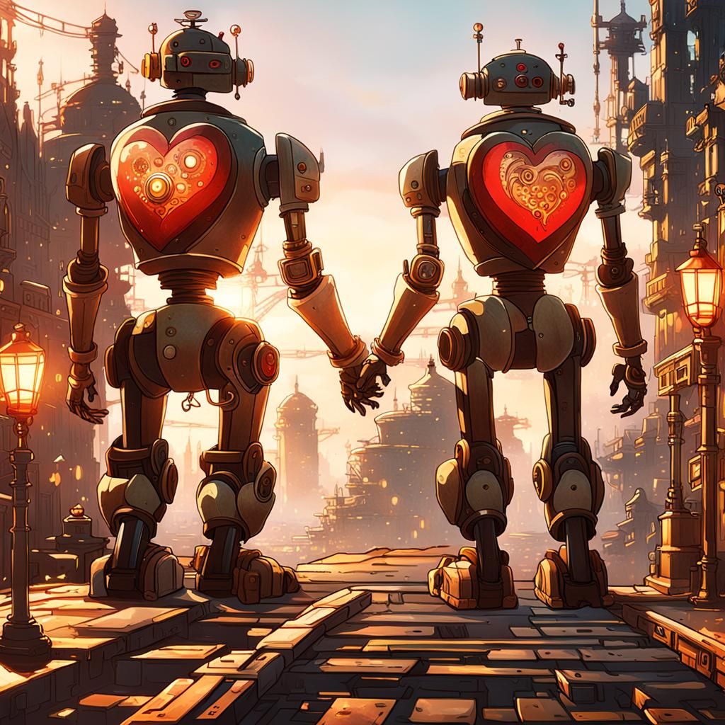 Steampunk Robots in Love: Anime-Style Digital Art