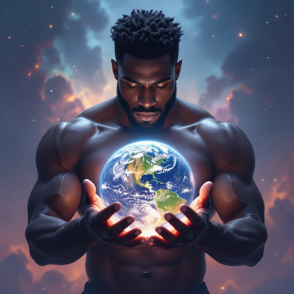 Black Man Holding Earth in Epic Digital Matte Painting