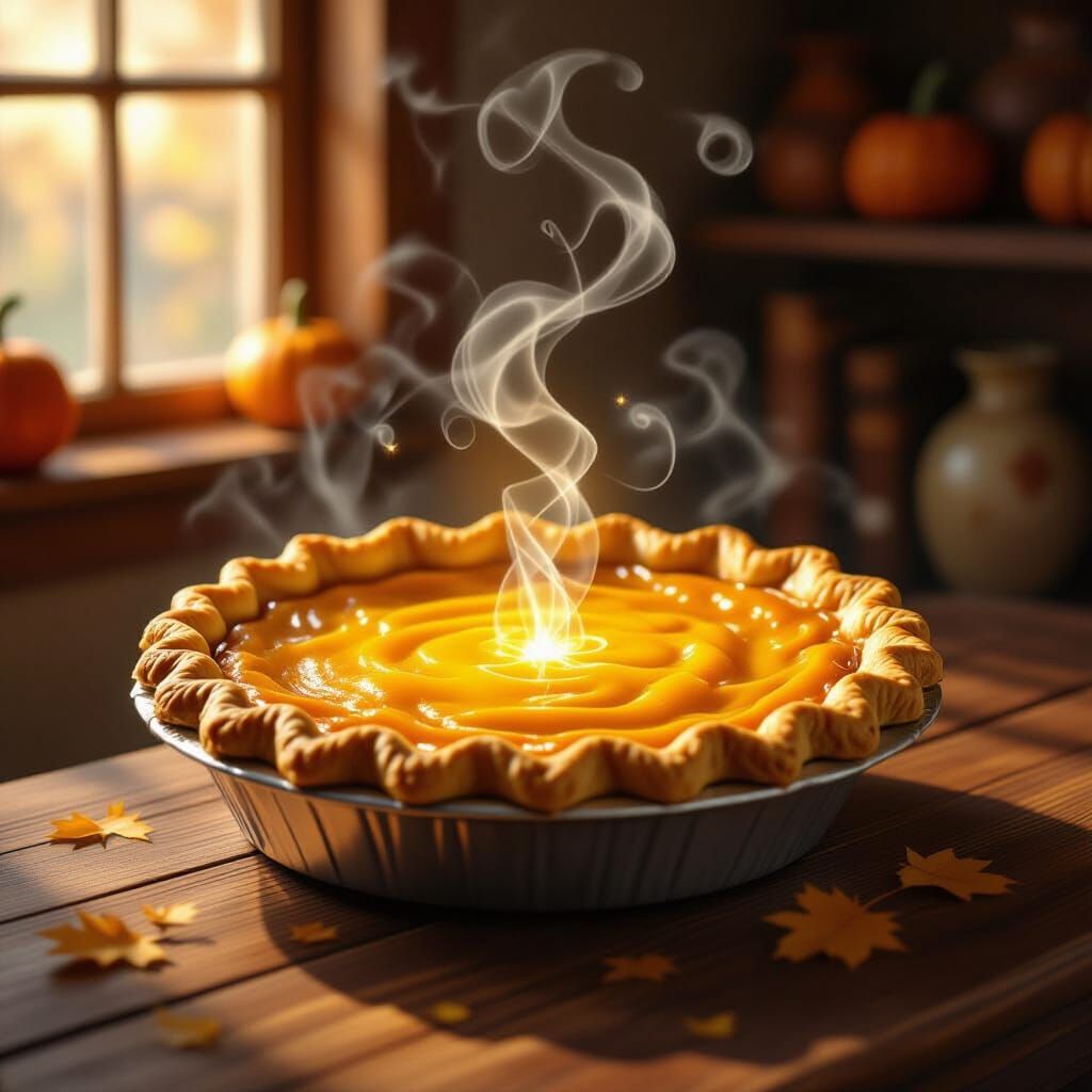 Enchanted Pumpkin Pie Levitating with Warm Glow