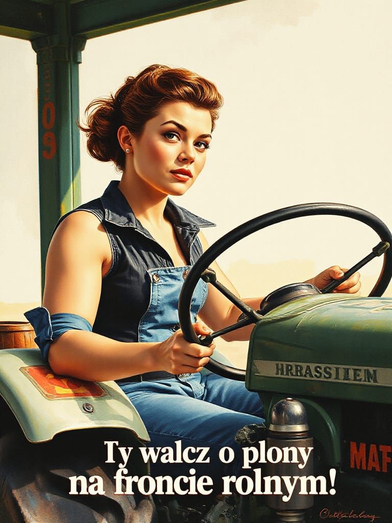 Heroic Woman Drives Tractor in Gouache Style