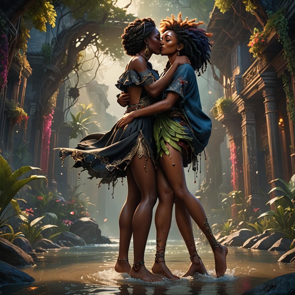 Black Girl Kissing in Detailed Matte Painting